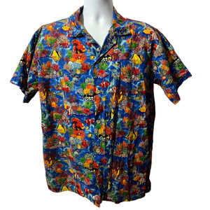 VINTAGE Krazy Klothes Shirt Mens S/M Blue Red Orange Fish Hawaiian 90s Y2K